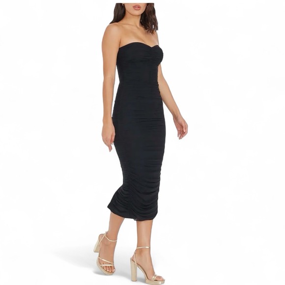 Dress The Population Ruched Strapless Midi Dress Medium Bodycon Black - Picture 4 of 16